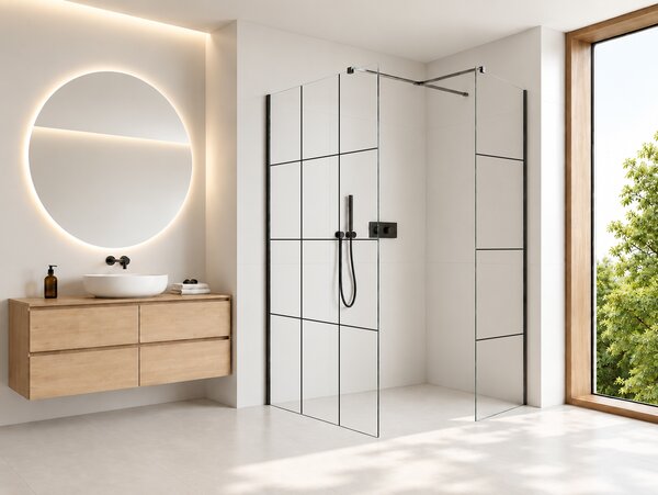 CERANO - Sprchová zástena Walk-in Onyx T L/P - 8 mm - hranatá vzpera - čierna matná, industriálne sklo - 90x90x200 cm