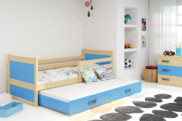 BMS Detská posteľ s prístelkou RICO borovica Farebné prevedenie šuplíka: Modrá, Veľkosť spacej plochy: 200x90 cm
