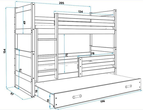 Poschodová posteľ s prístelkou RICO 3 - 200x90cm - Borovica - Modrý
