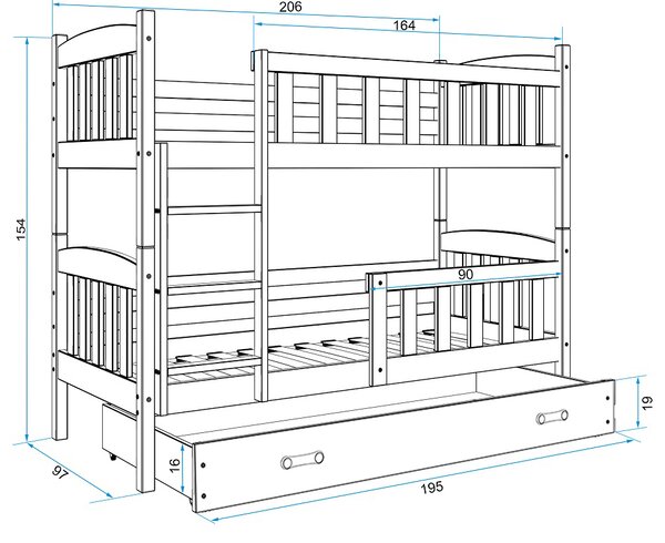 BMS Detská poschodová posteľ s úložným priestorom KUBUS biela Farebné prevedenie šuplíka: Biela, Veľkosť spacej plochy: 200x90 cm