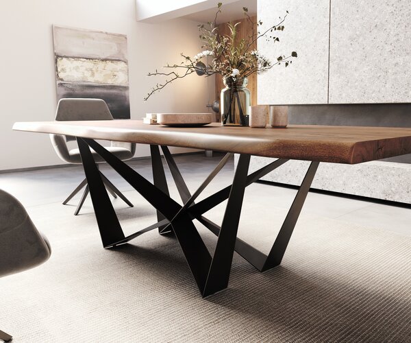 DELIFE Jedálenský stôl Edge 260x100 XL akácia hnedá Spider plochá oceľ čierna Live-Edge