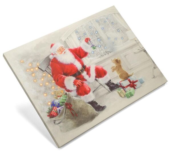 Nástenná maľba Santa Claus so psíkom, 40 LED, 30 x 40 cm