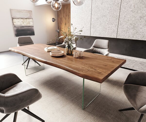 DELIFE Jedálenský stôl Edge 260x100 XL akácia hnedá sklo Live-Edge