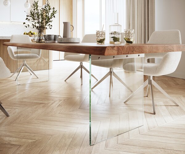 DELIFE Jedálenský stôl Edge 300x100 XL akácia hnedá sklo Live-Edge