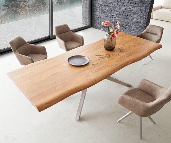 DELIFE Jedálenský stôl Edge 260x100 XL akácia prírodná krížová podstava obdĺžnik nerezová oceľ Live-Edge
