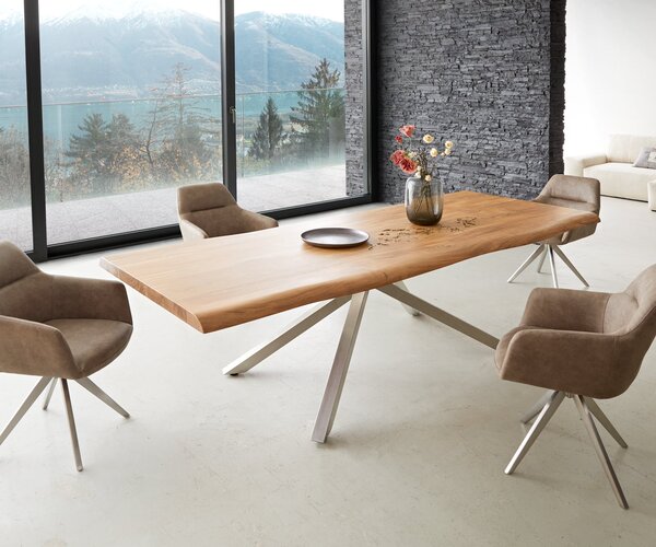 DELIFE Jedálenský stôl Edge 260x100 XL akácia prírodná krížová podstava obdĺžnik nerezová oceľ Live-Edge