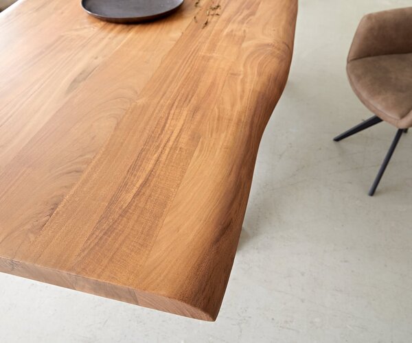 DELIFE Jedálenský stôl Edge 260x100 XL akácia prírodná krížová podstava obdĺžnik nerezová oceľ Live-Edge
