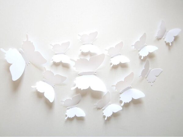 Samolepka na stenu "Plastové 3D Motýle - Biele“ 12ks 5-10 cm