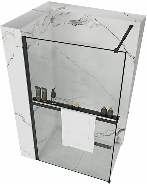 Sprchová zástena BLER 100 cm s policou a vešiakom na uteráky - čierna matná - číre sklo