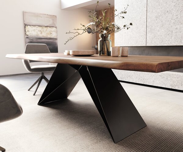 DELIFE Jedálenský stôl Edge 260x100 XL akácia hnedá podstava v tvare V plochá oceľ čierna Live-Edge
