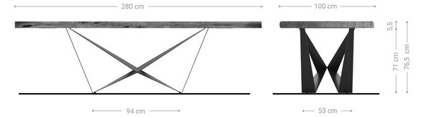 DELIFE Jedálenský stôl Edge 280x100 XL akácia prírodná Spider plochá oceľ nerezová oceľ Live-Edge