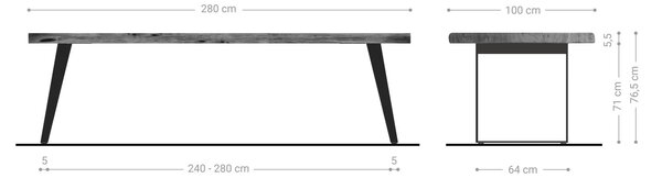 DELIFE Jedálenský stôl Edge 280x100 XL akácia prírodná nerezová oceľ skosený Live-Edge
