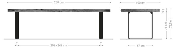 DELIFE Jedálenský stôl Edge 280x100 XL akácia prírodná čierna tenká podstava Live-Edge