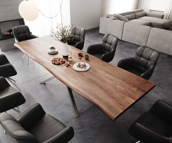 DELIFE Jedálenský stôl Edge 300x100 XL akácia hnedá krížová podstava obdĺžnik nerezová oceľ Live-Edge