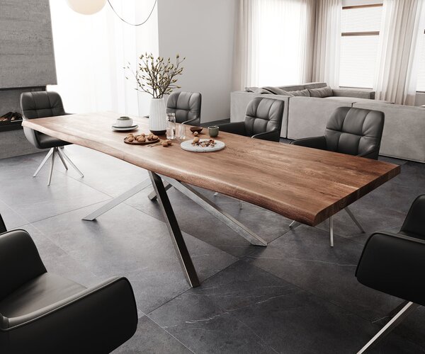 DELIFE Jedálenský stôl Edge 300x100 XL akácia hnedá krížová podstava obdĺžnik nerezová oceľ Live-Edge