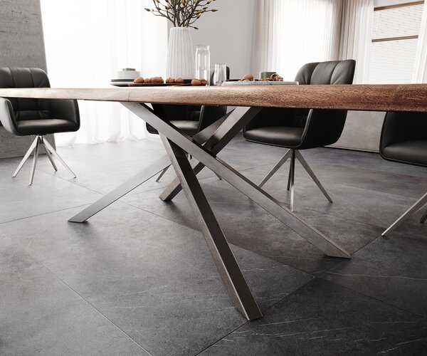DELIFE Jedálenský stôl Edge 300x100 XL akácia hnedá krížová podstava obdĺžnik nerezová oceľ Live-Edge
