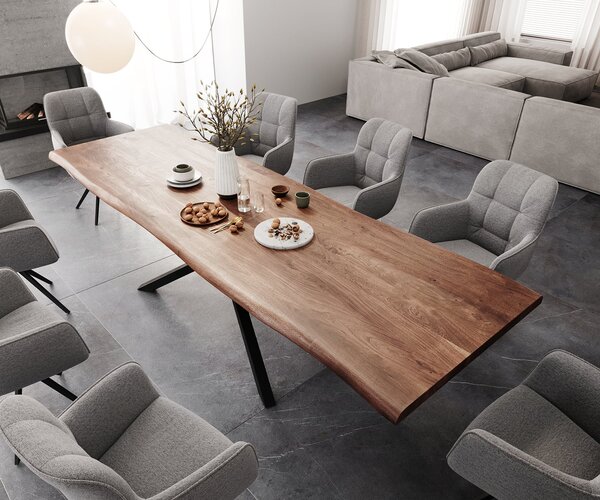 DELIFE Jedálenský stôl Edge 300x100 XL akácia hnedá krížová podstava obdĺžnik čierna Live-Edge