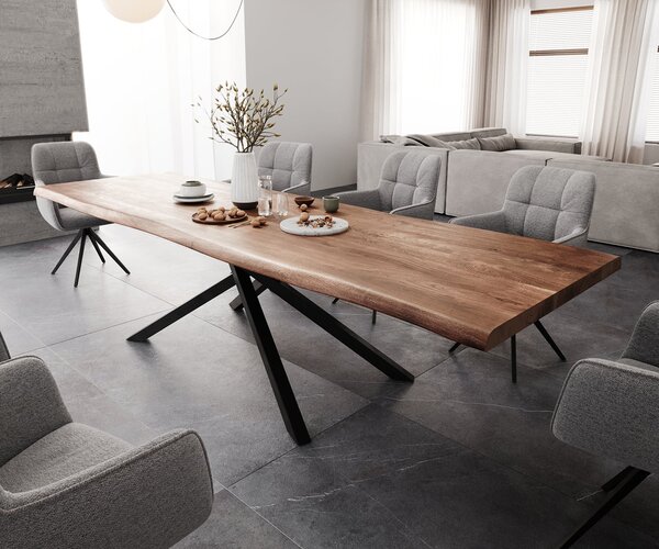 DELIFE Jedálenský stôl Edge 300x100 XL akácia hnedá krížová podstava obdĺžnik čierna Live-Edge