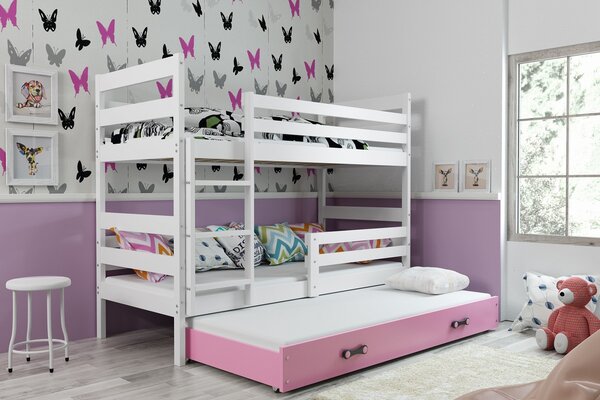 Detská poschodová posteľ s prístelkou ERYK 3 | biela Farba: biela / ružová, Rozmer.: 200 x 90 cm