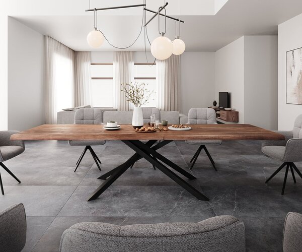 DELIFE Jedálenský stôl Edge 300x100 XL akácia hnedá krížová podstava obdĺžnik čierna Live-Edge