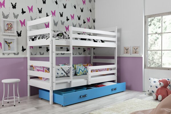 BMS Detská poschodová posteľ s úložným priestorom ERYK biela Farebné prevedenie šuplíka: Modrá, Veľkosť spacej plochy: 190x80 cm