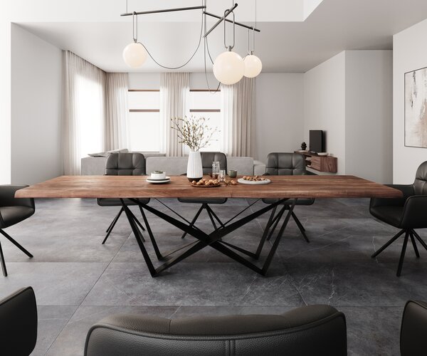 DELIFE Jedálenský stôl Edge 300x100 XL akácia hnedá Spider plochá oceľ čierna Live-Edge