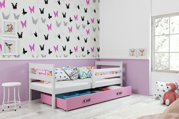BMS Detská posteľ s úložným priestorom ERYK biela Farebné prevedenie šuplíka: Ružová, Veľkosť spacej plochy: 200x90 cm