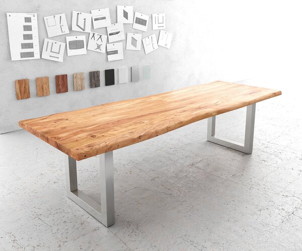 DELIFE Jedálenský stôl Edge 280x100 cm XL akácia prírodná nerezová oceľ široký Live-Edge