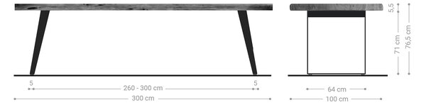 DELIFE Jedálenský stôl Edge 300x100 cm XL akácia hnedá nerezová oceľ strieborná skosený Live-Edge