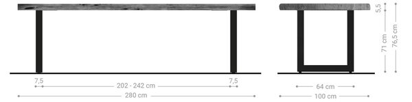 DELIFE Jedálenský stôl Edge 280x100 cm XL akácia prírodná nerezová oceľ široký Live-Edge