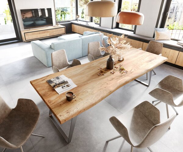 DELIFE Jedálenský stôl Edge 260x100 cm XL akácia prírodná nerezová oceľ strieborná skosený Live-Edge