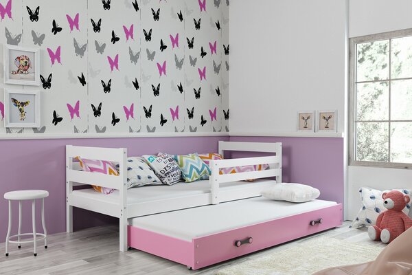 BMS Detská posteľ s prístelkou ERYK biela Farebné prevedenie šuplíka: Ružová, Veľkosť spacej plochy: 200x90 cm