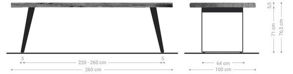 DELIFE Jedálenský stôl Edge 260x100 cm XL akácia prírodná nerezová oceľ strieborná skosený Live-Edge