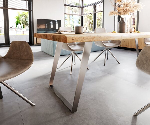 DELIFE Jedálenský stôl Edge 260x100 cm XL akácia prírodná nerezová oceľ strieborná skosený Live-Edge