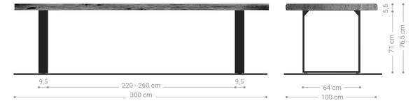 DELIFE Jedálenský stôl Edge 300x100 XL akácia hnedá nerezová oceľ úzky Live-Edge