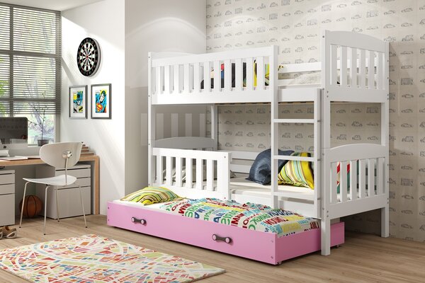 Detská poschodová posteľ KUBUŠ 3 s prístelkou | biela Farba: biela / ružová, Rozmer.: 200 x 90 cm