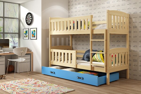 BMS Detská poschodová posteľ s úložným priestorom KUBUS borovica Farebné prevedenie šuplíka: Modrá, Veľkosť spacej plochy: 190x80 cm