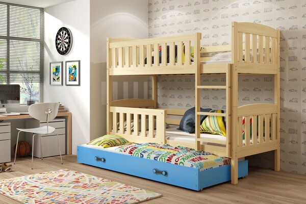 BMS Detská poschodová posteľ s prístelkou KUBUS borovica Veľkosť spacej plochy: 200x90 cm, Doplňujúca farba postele: Modrá
