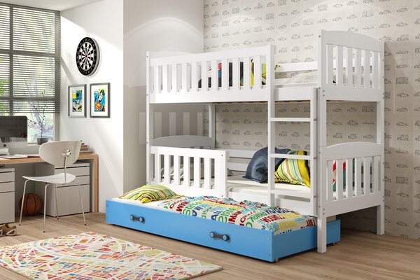 BMS Detská poschodová posteľ s prístelkou KUBUS biela Veľkosť spacej plochy: 190x80 cm, Doplňujúca farba postele: Modrá