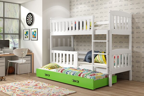 Detská poschodová posteľ KUBUŠ 3 s prístelkou | biela Farba: biela / zelená, Rozmer.: 200 x 90 cm
