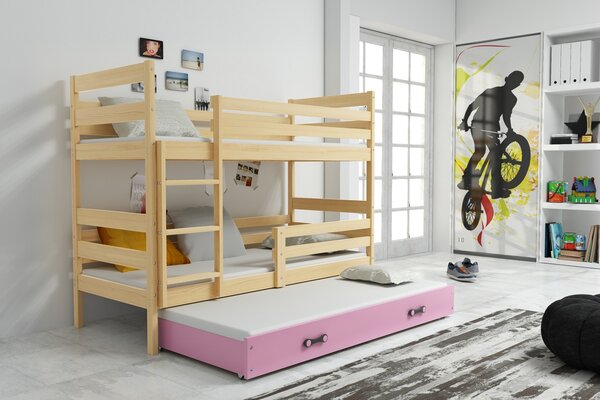 BMS Detská poschodová posteľ s prístelkou ERYK borovica Veľkosť spacej plochy: 190x80 cm, Doplňujúca farba postele: Ružová