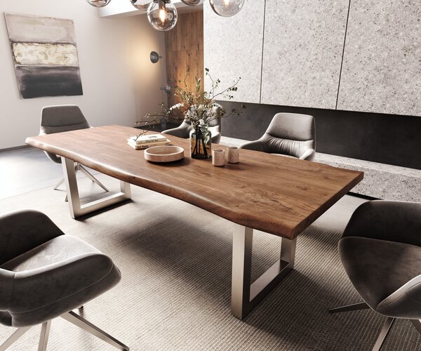 DELIFE Jedálenský stôl Edge 260x100 XL akácia hnedá nerezová oceľ široký Live-Edge