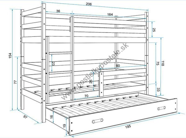 Poschodová posteľ s prístelkou ERIK 3 - 200x90cm Borovica - Modrá