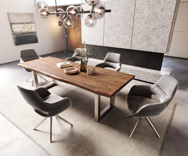 DELIFE Jedálenský stôl Edge 260x100 XL akácia hnedá nerezová oceľ široký Live-Edge