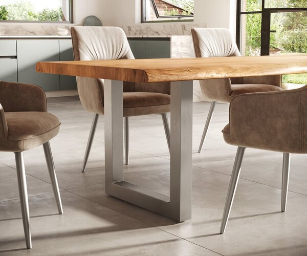 DELIFE Jedálenský stôl Edge 300x100 XL akácia prírodná nerezová oceľ široký Live-Edge