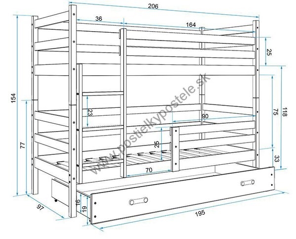 Poschodová posteľ ERIK 2 - 200x90cm - Biela - Modrá