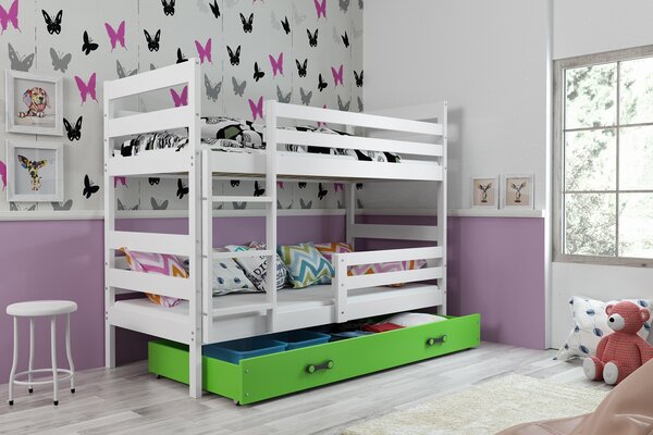 BMS Detská poschodová posteľ s úložným priestorom ERYK biela Farebné prevedenie šuplíka: Zelená, Veľkosť spacej plochy: 200x90 cm