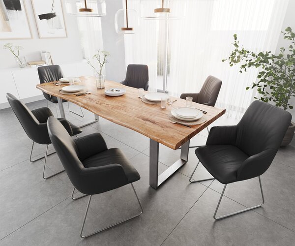DELIFE Jedálenský stôl Edge 260x100 XL akácia prírodná nerezová oceľ úzky Live-Edge
