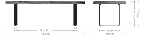 DELIFE Jedálenský stôl Edge 260x100 XL akácia prírodná nerezová oceľ úzky Live-Edge