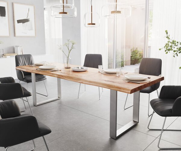 DELIFE Jedálenský stôl Edge 260x100 XL akácia prírodná nerezová oceľ úzky Live-Edge